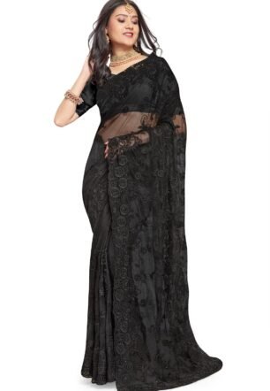 Zari Resham Stone Embroidered Net Saree in Black with UnStitch Blouse piece