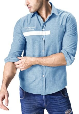 KTM Healthcare® M (US 38), Blue : Men Point Collar Long Sleeves Stripes Letters Print Shirt