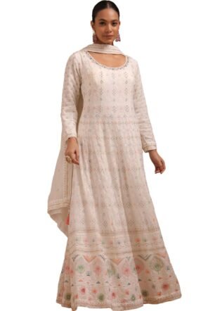 Womens Cream Georgette Embroidered Gown With Zari