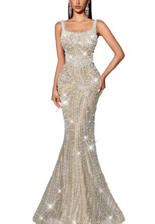 Women Square Neck Sequin Beaded Formal Evening Dress Spaghetti Strap Bodycon Prom Party Cocktail Maxi Dress, #1 Beige, XS