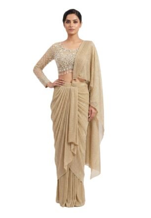 DHAROHAR Pure Shimmer Ready to Wear Saree, Gold, Pre-Stitched Drape Style