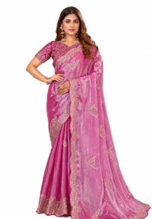 Happy Women's Premium Sequins Embroidery Scollped Border Organza Saree With Unstitched Blouse Piece