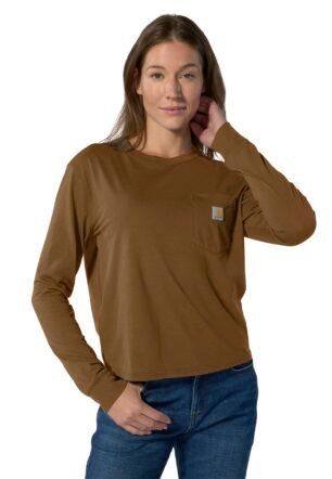 Womens Tencel Fiber Series Loose Fit Long-Sleeve Pocket T-Shirt, Brown, Medium