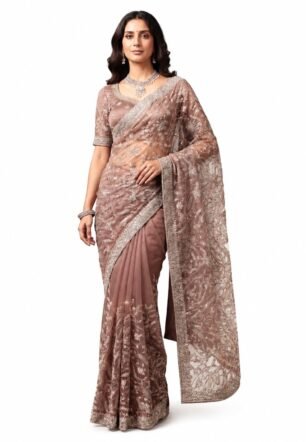 Dusty Mauve Tissue Silk Zardosi Embroidered Premium Saree with Unstitched Blouse