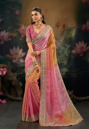 Embroidered Saree with Blouse, Pink and Golden Shaded, Embellished Border