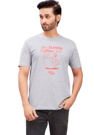 Mens Round Neck Pure Cotton Printed Tshirts (Slow Sunday Coffee Club) (Grey, Small)
