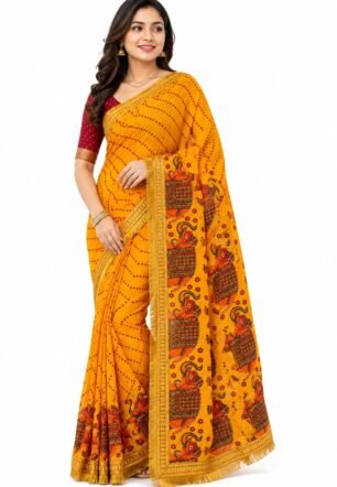 Yellow Chunri/Bandhani Saree with Handcrafted Yellow & Orange Traditional Elephant Print with Handcrafted Golden Gota Border, Decorative Ghungroo & Pallu Design – Lightweight Cotton Saree