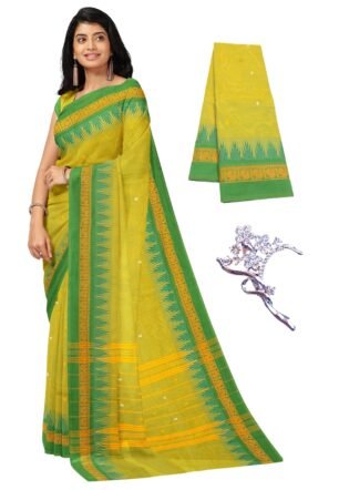 Women's Chettinad Cotton Saree with Blouse | Chettinad Cotton Sarees with Peacock Border | Soft, Comfort, Chettinad Pure Cotton Sarees | Handloom Sarees for Women (Greencross)
