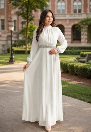 Women's Georgette Gown with Diamond Work Waist Belt & Sleeve Crepe Lining for No Transparency Full Sleeve Flared Party Festive Gown (in, Alpha) White