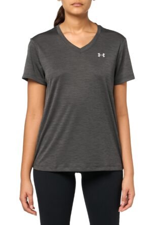 Women's Velocity Twist Short Sleeve V Neck T Shirt, (001) Black / / Metallic Silver, Medium