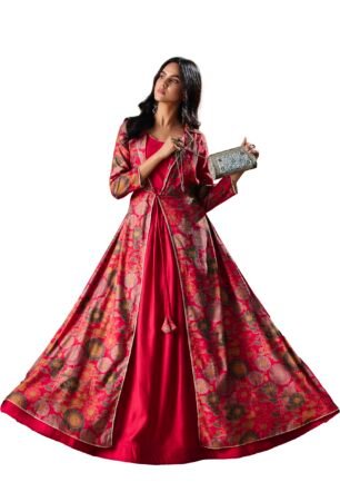 Women'S Vatican Print Ethnic Dress with Jacket Style Gown(M-2550 Pink_4X-Large)