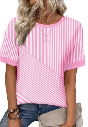 Womens Tops Casual Oversized Short Sleeve Sweatshirt Summer Striped Shirt Crewneck Pullover Loose T Shirts Blouse, Pink Stripes, Large