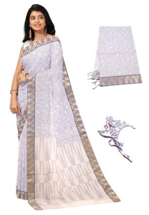 Women's 100 Count Kovai Cotton Saree | Handloom Negamam Cotton Saree | Coimbatore Cotton Saree - With Contrast Blouse (Light Grey)