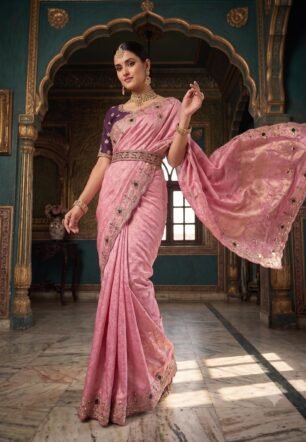 Eira's Ethnics Pink Silk Saree with Embroidered Border and Purple Blouse