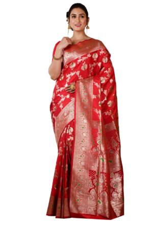 Women Katan Silk Banarasi Saree with All Over Golden Zari Border & Woven Design | Traditional Wedding Festive Saree | Rich Ethnic Party Wedding | With Blouse Piece