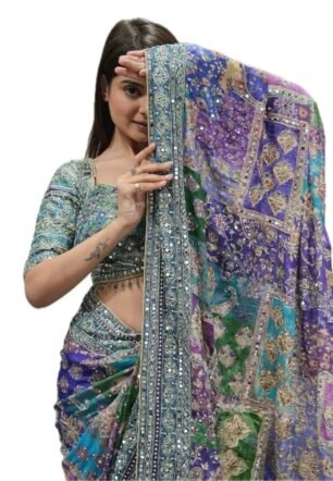 Women's Blue Green Pink Multicolored Ajrak Digital Prined Real Mirror And Latkan Worked Saree With Blouse