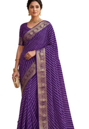 Pure Georgette Jaipuri Hand Print Lehriya Saree with Beautiful Rose Zari Weaving Border Traditional Saree for Wedding or Daily Use-Purple