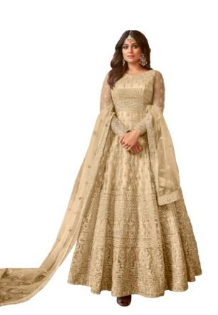 Women's Embroidered Anarkali Gown with Dupatta, Designer Ethnic Dress, (Semi-Stitched) (8396-Cream)