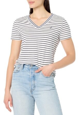 Women's Stripe V-Neck Short Sleeve T-Shirt, Bright White/Night Sky