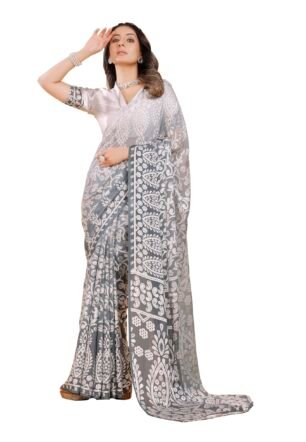 Women Viscose Brasso Floral Print Saree With Unstitched Blouse Piece Grey