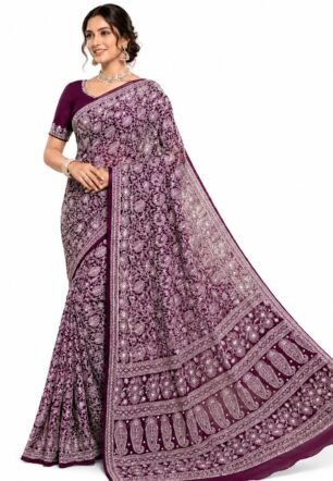 Georgette Chikan Saree in Wine Purple