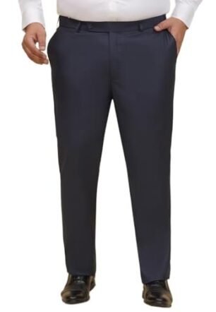 Plus Size Men Regular Fit Mid-Rise Solid Navy Blue Formal Trousers (JPTR22010S_46_Navy Blue)