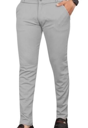 VIJETA Garments for Men Lycra Blend Formal Trousers ? Smart Fit Office Wear Pants with Elastic Waistband & Zip Fly Light Grey 36