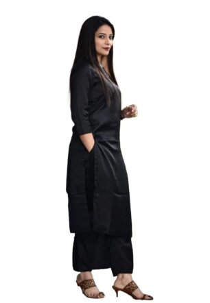 JAVNIKA Women's Solid Plain V-Neck Kurta Set with Pant, Elegant Casual Wear| 3/4 Sleeve Outfit| (in, Alpha, Black)