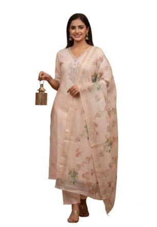 Women's Cotton Floral Embroidered Thread Work Straight Kurti & Pant