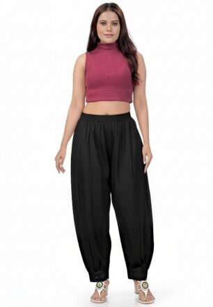 Women's Cream/Black/White Cotton Palazzo Pants with Lace Trim, Elastic Waist, Loose Fit (in, Alpha, XL, Regular, Black)