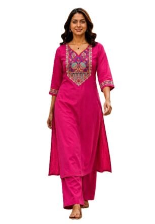 Women's Cotton V-Neck Kurta Set, 3/4 Sleeve Embroidered Festive and Occasion Straight Kurti with Matching Palazzo Pants Pink M