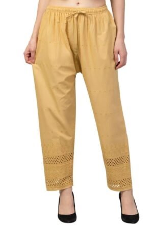 Women's Cotton Schiffli Chikan Hand Embroidered Lucknowi Chikankari Straight Palazzo Pants for Women Beige
