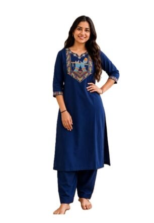 Women's Cotton Embroidered V Neck Three Quater Sleeve Kurti Set With Bottom Blue XL
