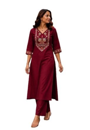 Women's Cotton V-Neck Kurta Set, 3/4 Sleeve Embroidered Festive and Occasion Straight Kurti with Matching Palazzo Pants Maroon 2XL