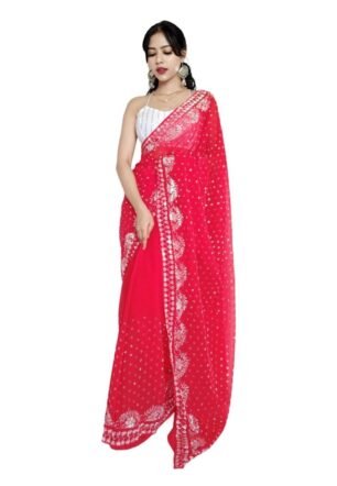 Designer Siroski Saree with Heavy Floral Design & Embellished Border with Contrast White Sequin Blouse (Red)