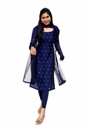 Shining Georgette Embroidery Kurti with Net Dupatta Navy Blue