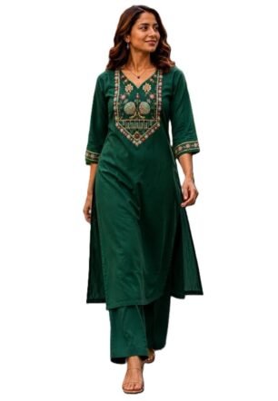 Women's Cotton V-Neck Kurta Set, 3/4 Sleeve Embroidered Festive and Occasion Straight Kurti with Matching Palazzo Pants Green 3XL