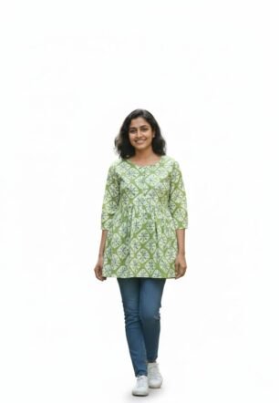 “Women’s Green Cotton Printed Kurti | Casual Ethnic Tunic Top with 3/4 Sleeves | Comfortable