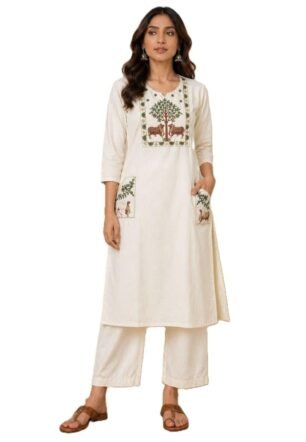 Women's Cotton Embroidered Round Neck 3/4 Sleeve Kurti Set With Bottom Outfit White 3XL