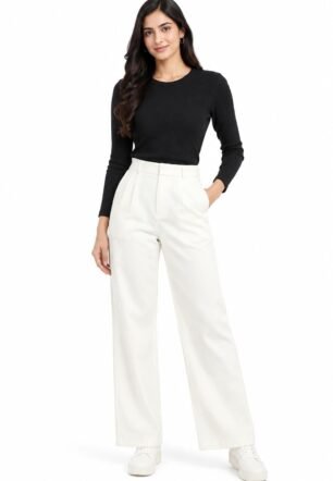 Bajoria Dresses White Korean Woman's Trousers | Korean Style Formal Casual & Office Pants for Women | Wide Leg Palazzo Trousers