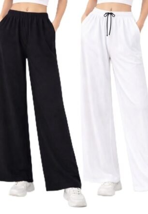 Women’s Pack of 2 High-Waisted Palazzo Pants | Black & White Printed Wide Leg Trousers with Drawstring Waist | Casual Lounge & Everyday Wear