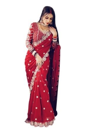 Designer Embroidery Golden Saree with Heavy Mirror Work Border | Matching Full Heavy Mirror Work Blouse (Red)