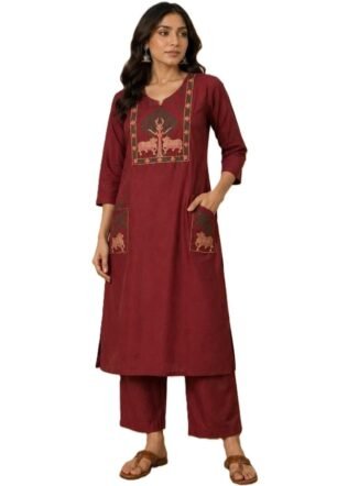 Women's Cotton Embroidered Round Neck 3/4 Sleeve Kurti Set With Bottom Outfit Maroon 3XL