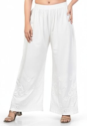 Women's Palazzo Pants with Floral Embroidery, Elastic Waist, White,Black and Off White, Cotton, Lucknowi Style (in, Alpha, 3XL, Regular, White)