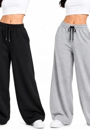 Relaxed Women Palazzo Pants | Loose Wide Leg Woman Track Pants | High-Waist Trousers Combo with Elastic Drawstring (Pack of 2)