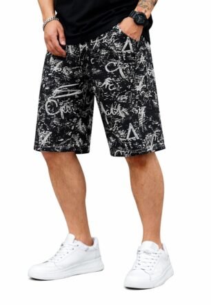 Men's Black Graphic Printed Cotton Shorts Graffiti Pattern Casual Bermuda Shorts for Men Regular Fit Knee Length Shorts with Elastic Waist & Drawstring for Daily Use (L)