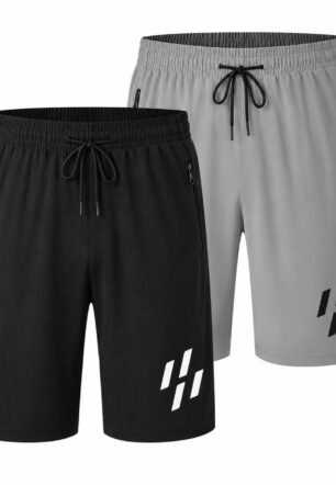 Men's Athletic Shorts 2 Pack, Navy Blue and Grey with Zip Pockets