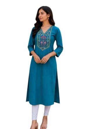 Women's Embroidered Ethnic Straight Kurti | V-Neck 3/4 Sleeve Long Kurti, Office Wear, Casual Wear for Women Peacock Blue