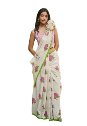 Antra Lifestyle Women's Off-White & Pink Pure Mulmul Cotton Saree with Floral Hand Block Print & Parrot Green Border | Soft Festive & Casual Wear Saree with Unstitched Blouse Piece