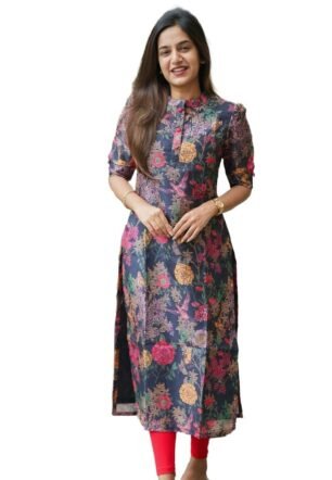 Women's Chanderi Stitched Printed Straight Regular Fit Kurtis (Kt25_Blue)